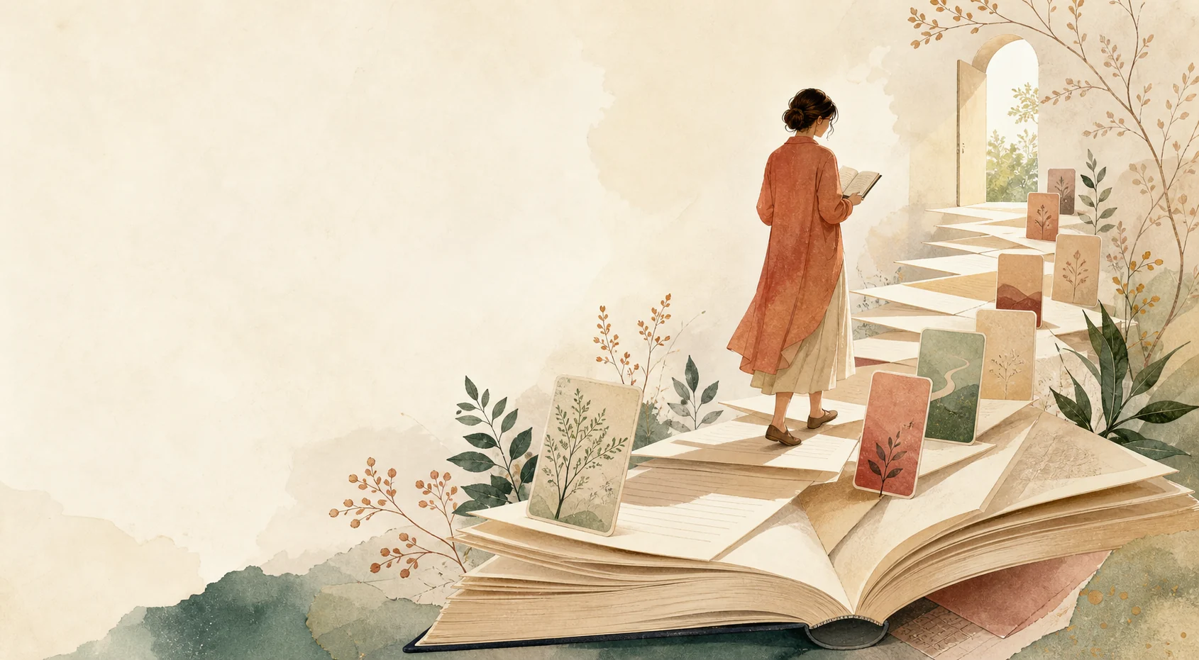 Открытая книга превращается в дорогу из страниц и игровых карт